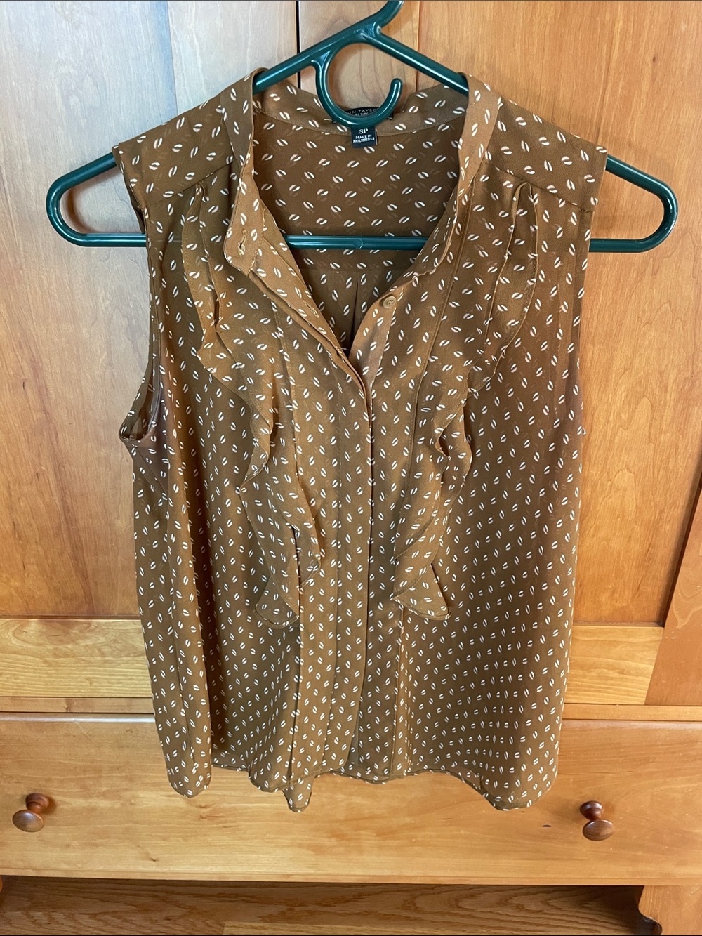 Ann Taylor Brown Sleeveless Ruffle Blouse with White Dot Print